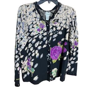 Chico's Size 2 Floral Sequin Cardigan Jacket Silk Blend Black Purple Embellished